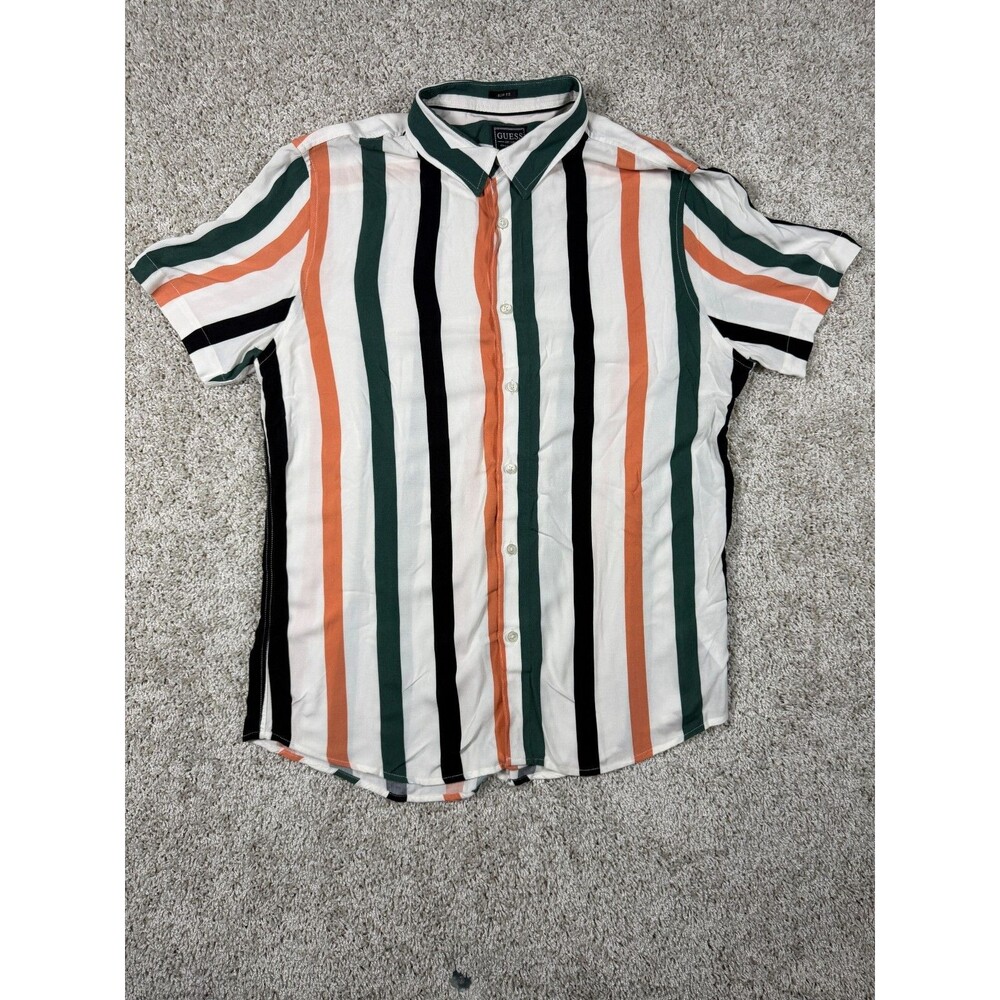GUESS Men's Slim Fit Striped Button Up Shirt White Green Orange Size L